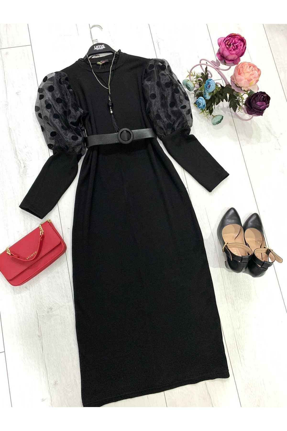 Balon Kol Tül Detaylı Elbise